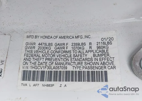 2020 Honda Accord Sport из США, поврежденный, VIN 1HGCV1F30LA057059